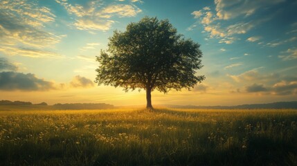 Obraz premium Lonely tree in a golden field during sunset with a dramatic sky