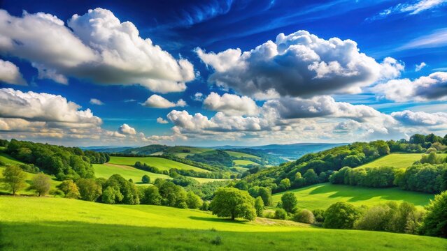 A serene landscape with a vast blue sky and fluffy white clouds, set against a backdrop of lush green trees and rolling hills , serene atmosphere, fluffy clouds