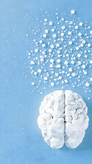 Abstract white brain with digital cubes above.