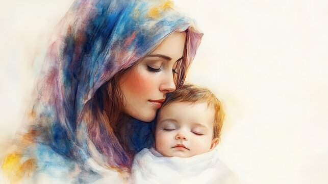 motherhood watercolor painting of a beautiful mother with her baby in her arms mother mary with baby jesus
