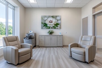 Relaxing Waiting Room Design: Comfortable Recliners, Modern Cabinetry, and Calming Floral Art Enhance Patient Experience