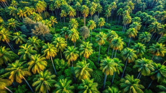 Aerial drone shot reveals Amazonian walking palm trees (Socratea exorrhiza), their unique root systems visible from above.