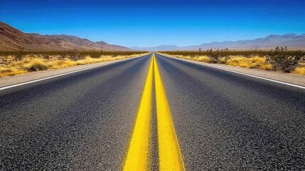 Naklejka premium A straight road in the middle of an arid desert landscape, stretching into the horizon under a bright and cloudless sky