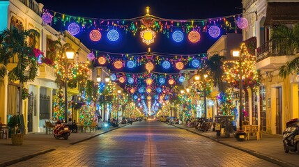 A street illuminated by bright, colorful lights, creating a lively atmosphere with an open area for copy at the center