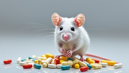 A white mouse sitting amidst various colorful pills on a grey background.

