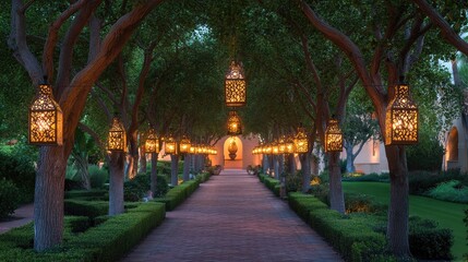 Obraz premium A tree-lined outdoor pathway lit by glowing lantern-style lights, creating a romantic and tranquil evening setting