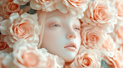 Beautiful young woman face makeup with pink rose flower Beauty concept design