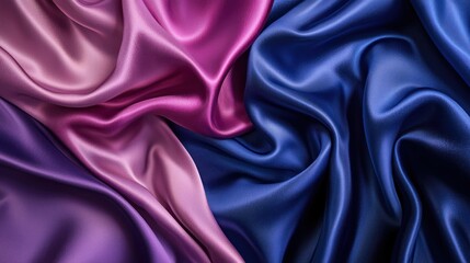 Obraz premium An abstract design featuring a seamless gradient of dark blue, purple, and pink silk satin, creating a smooth, luxurious fabric effect for an elegant backdrop.