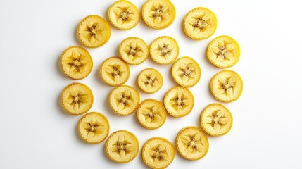 Fototapeta premium Sliced Yellow Bananas Arranged in Circular Pattern on White Surface
