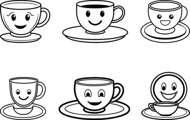 A Cute smiling cup plate set vector, a smiling cup plate silhouette vector art, a smiling cup plate line art vector illustration