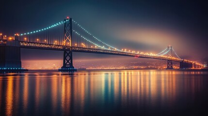 A view of a bridge lit up with bright lights at night, with reflections on the water below and ample copy space in the foreground