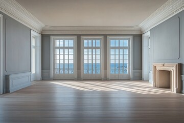 Obraz premium Ocean View Room: Elegant Interior Design with Hardwood Floors and Large Windows, Sunlit Spacious Living Area, Classic Architectural Details.