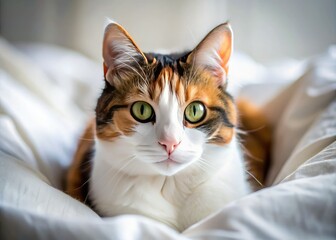 Cozy calico cat portrait, showcasing feline fashion in a captivating pet photography close-up.
