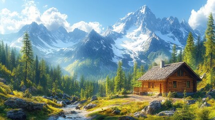 Idyllic wooden cabin nestled in a lush green valley, majestic snow-capped mountains in the background.