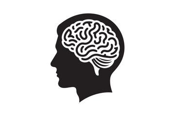 Human head profile with brain symbol, black icon vector illustration