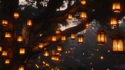 Obraz premium A wide view of glowing festival lanterns hanging from trees, softly illuminating the surroundings, with ample copy space