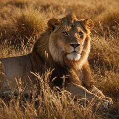 Fototapeta premium A lion resting in the golden savanna grass under the warm sunlight.