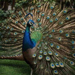 Obraz premium A peacock displaying its vibrant feathers in a lush garden.