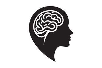 Human head profile with brain symbol, black icon vector illustration