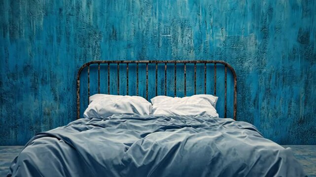 Cozy bedroom with blue textured wall and lightly rumpled bedding in a tranquil setting