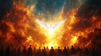 pentecost the descent of the holy spirit on the followers people in front of a bright fire with white dove in the sky digital painting