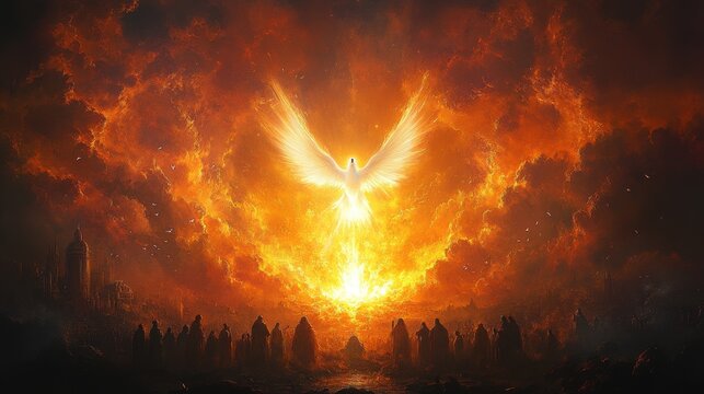 pentecost the descent of the holy spirit on the followers people in front of a bright fire with white dove in the sky digital painting