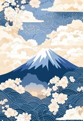 Elegant midyear greeting card showcasing a serene landscape of clouds and Mt. Fuji, adorned with traditional Japanese wave and floral patterns.