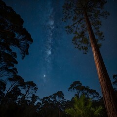 Fototapeta premium Whispers of the Night: Wollemi Pines Beneath a Starry Sky and Dancing Fireflies