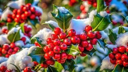Fototapeta premium Festive red holly berries burst against a winter landscape, captured by a drone's aerial eye.