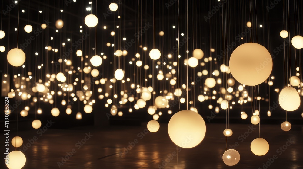 Poster custom shape lights floating in the air, forming a random pattern, with space for text in the bottom