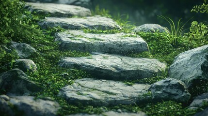 Naklejka premium Mossy Stone Steps Leading Through Lush Greenery