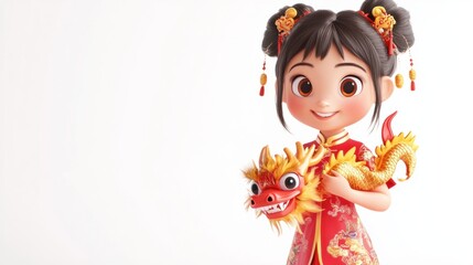 A charming cartoon girl in a traditional Chinese dress holding a dragon toy and standing with a cheerful expression, on white