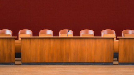 Conference Room, Minimalist Wooden Setup with a Microphone, Red Wall Background