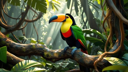 Obraz premium A colorful toucan perched on a branch in a dense jungle setting.