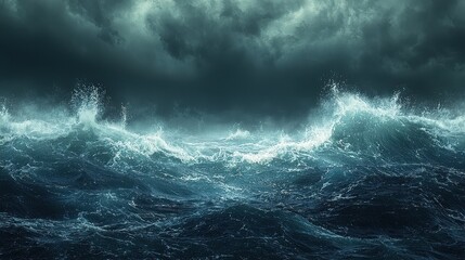Dark Stormy Ocean Waves Crashing Under a Gloomy Sky