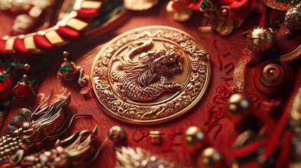 A close-up of Chinese New Year lucky charms and symbols