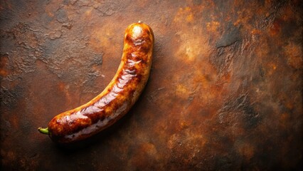 Grilled sausage, deliciously grunge. Brown textured background enhances the food photography's rustic charm.