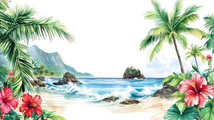 Tropical beach scene, palm trees, hibiscus, ocean waves, mountains, vacation postcard