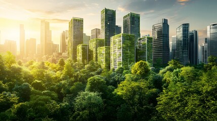Obraz premium Eco-Friendly Cityscape Featuring Innovative Buildings in a Lush Green Environment with Modern Architecture Bathed in Warm Sunset Light