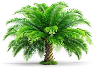 High-resolution 3D render of a realistic green palm tree, isolated on white. Ideal stock photo for tropical themes.