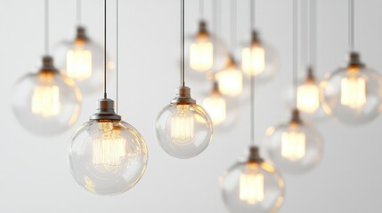 Hanging light globes in varying sizes, glowing brightly against a minimalistic white background