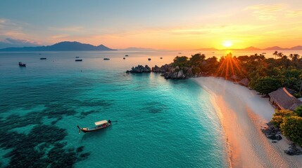 Fishing boats at sunset on koh samui island serene beach view