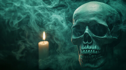 Spooky human skull with burning candle and green smoke creating mysterious horror atmosphere in dark background for Halloween