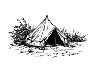 camping or hiking tent hand drawn style illustration vector, camping or hiking tent Silhouette black vector isolated on white background