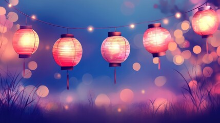 Lanterns glowing brightly in the night, suspended from thin strings, creating a festive ambiance with copy space below