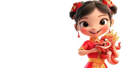 A playful cartoon girl in a Chinese-style dress holding a dragon toy and smiling brightly, isolated on white
