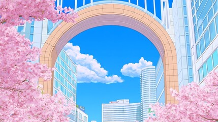 Fototapeta premium A Beautiful Cityscape Framed by Cherry Blossoms Under a Clear Blue Sky