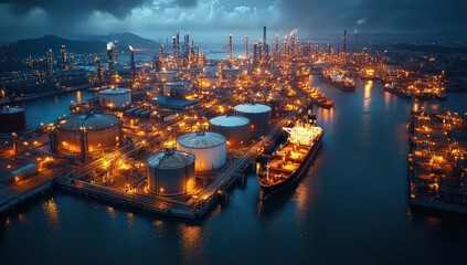 Fototapeta premium Night View of a Bustling Oil Refinery and Harbor