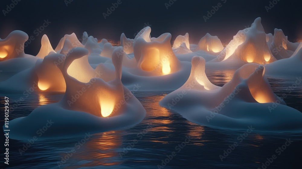 Poster softly glowing custom shape lights scattered across a dark canvas, with space for text in the bottom