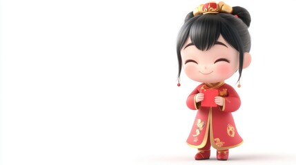 A sweet cartoon girl wearing a festive red and gold Chinese outfit, holding a small red envelope, isolated on a clean white background
